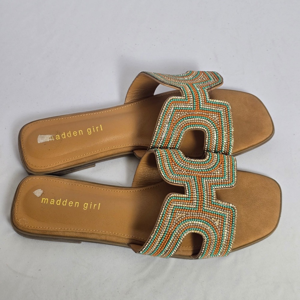 Madden Girl Womens Beaded H-Band Slide Sandals Orange Turquoise Rhinestone 8.5 - Picture 2 of 8